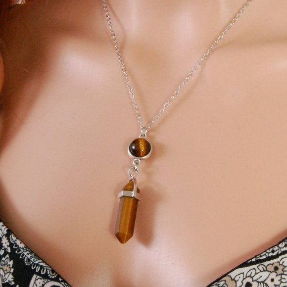 Jewelry - Tiger's Eye Stone Bullet Shape Silvertone Necklace